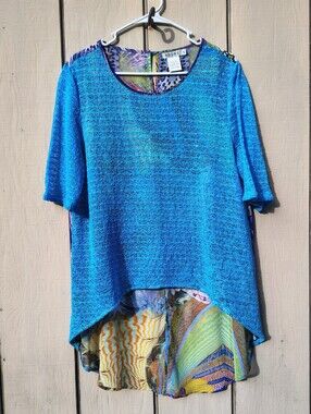 Adore XL Mixed Media Tunic Top – Blue Crochet Overlay Boho Chic
